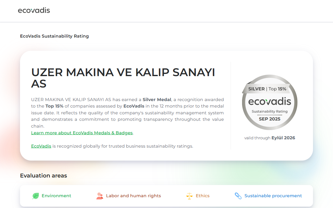 Uzer Makina Awarded Silver Medal by EcoVadis
