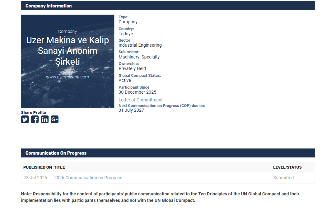 Uzer Makina Becomes a Signatory of the UN Global Compact